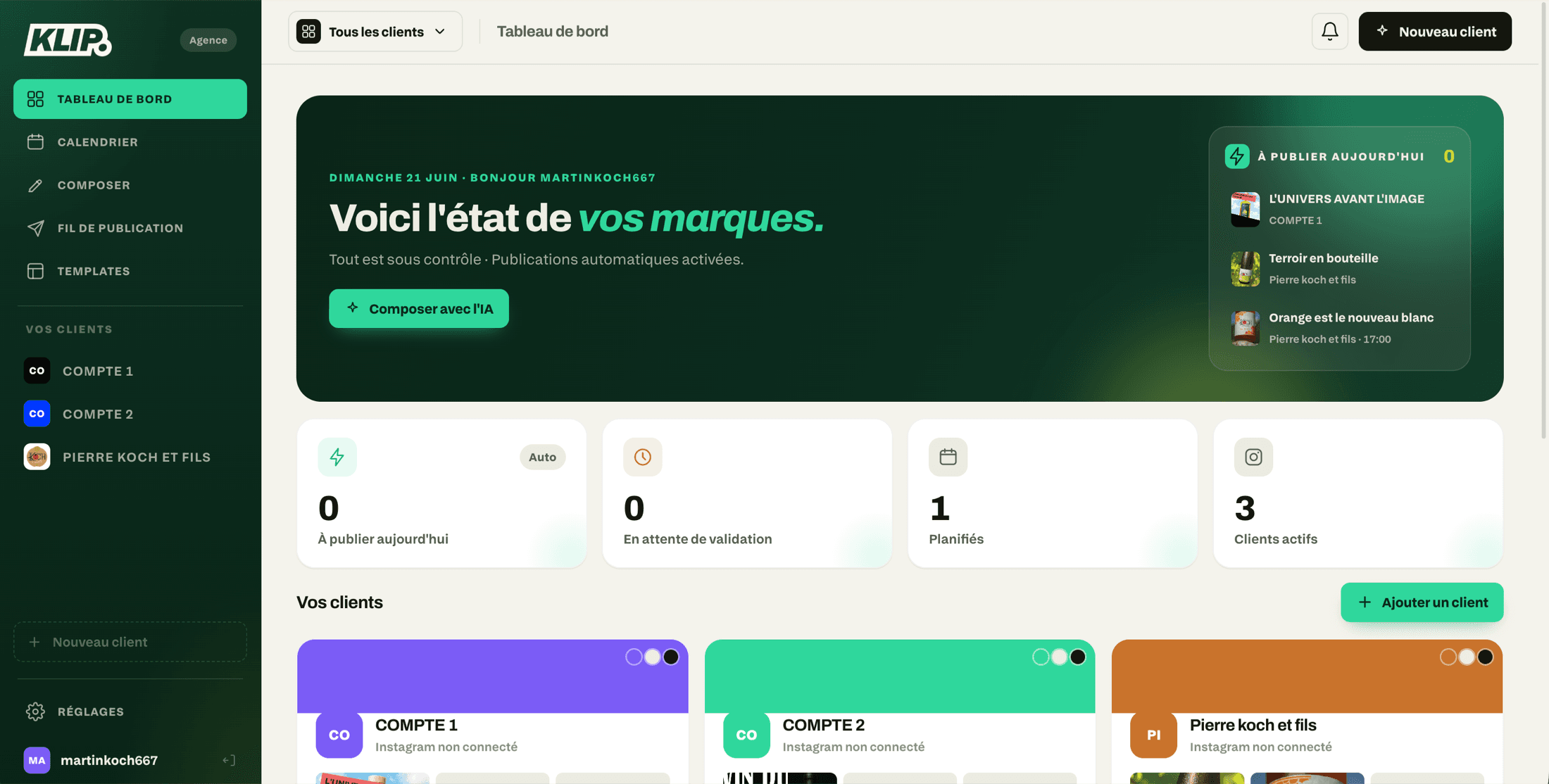 Tableau de bord Klip — gérer le contenu Instagram de tous ses clients au même endroit