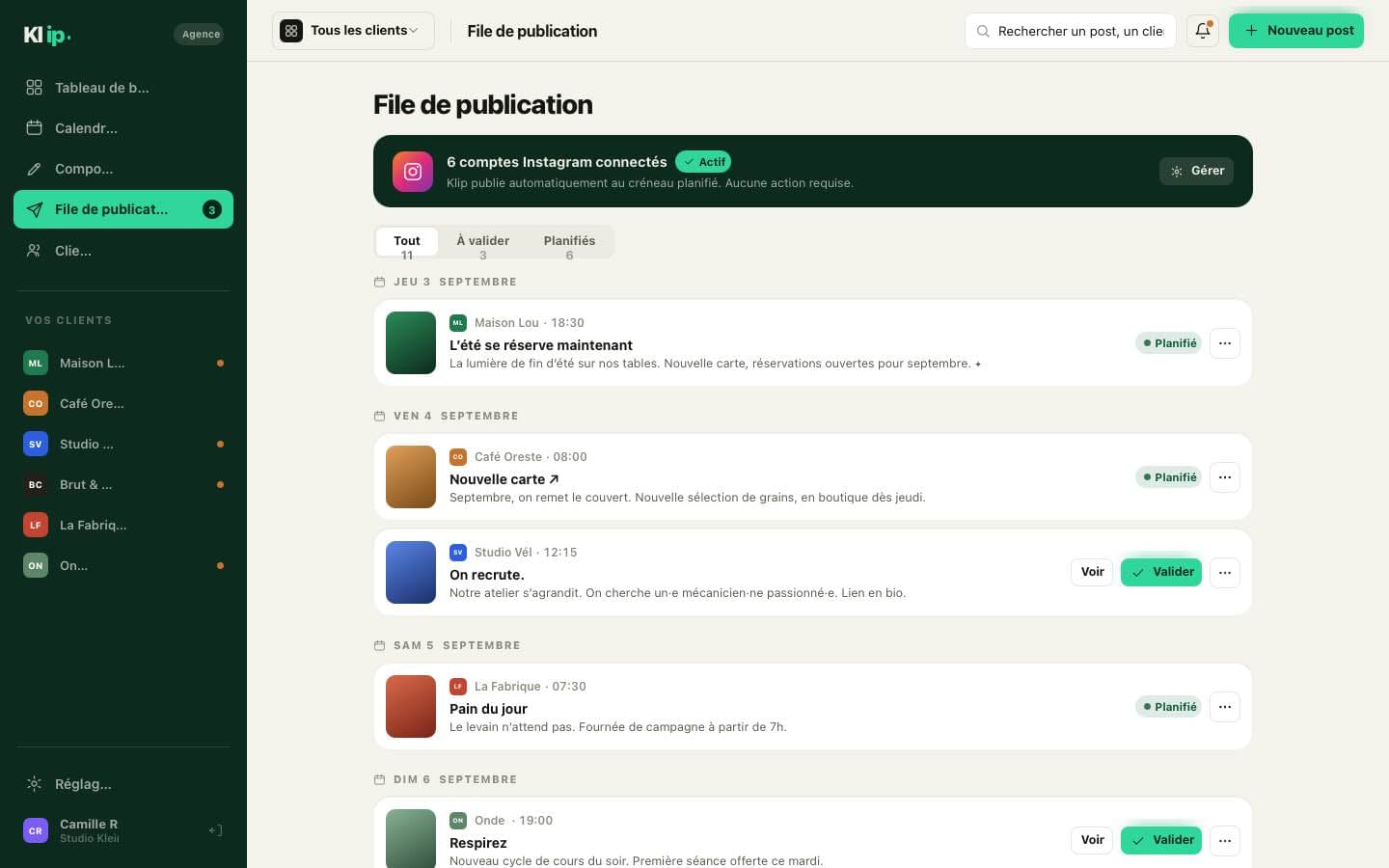 File de publication Klip — planification et publication Instagram pour agences